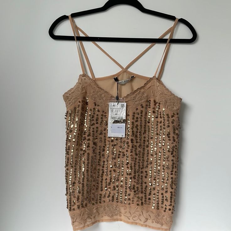 Zara Tank Nwt Spaghetti Straps Sequins Detail Beige Tank Top For Summer Party, Summer Party Beige Camisole, Spring Camisole With Sequins And Spaghetti Straps, Spring Sequined Spaghetti Strap Camisole, Beige Camisole Top For Party, Sequin Spaghetti Strap Camisole For Spring, Beige Camisole Tank Top For Party, Beige Spaghetti Strap Party Tops, Summer Sequined Cami Camisole