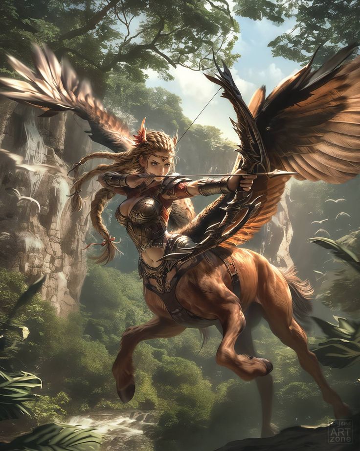 a woman riding on the back of a brown horse next to a forest filled with trees