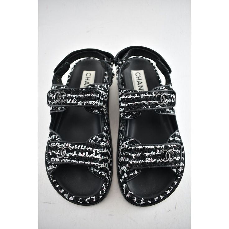 Chanel 22c Black White Tweed Cc Logo Mule Slide Strap Flat Dad Teva Sandal 37.5 ********** Chanel ********** Brand: Chanel Size: 37.5 (Know Your Chanel Size) Name: Dad Sandals Color: Black &; White Style: 22c Style#: G35927 X56390 K3756 Material: Tweed Cc Black Crystal Logo On Straps White And Black Tweed Fabric Knit Material Hook And Loop Adjustable Double Straps Brand New In Box, Comes With Original Box And Dust Bag 100% Authentic Or Your Money Back Great Gift I Ship Worldwide Any Other Questi Chanel Espadrilles Mules, Teva Sandal, Cross Country Shoes, Dad Sandals, Brown Suede Loafers, Stuart Weitzman Heels, Chanel Brand, Crystal Logo, Black And White Tweed