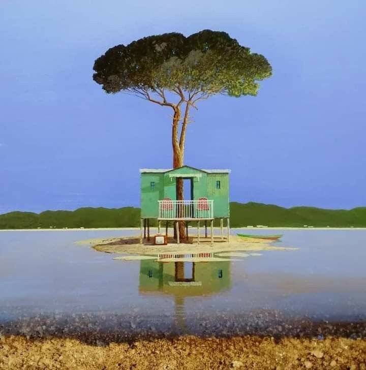 a painting of a green house with a tree on the top and water below it