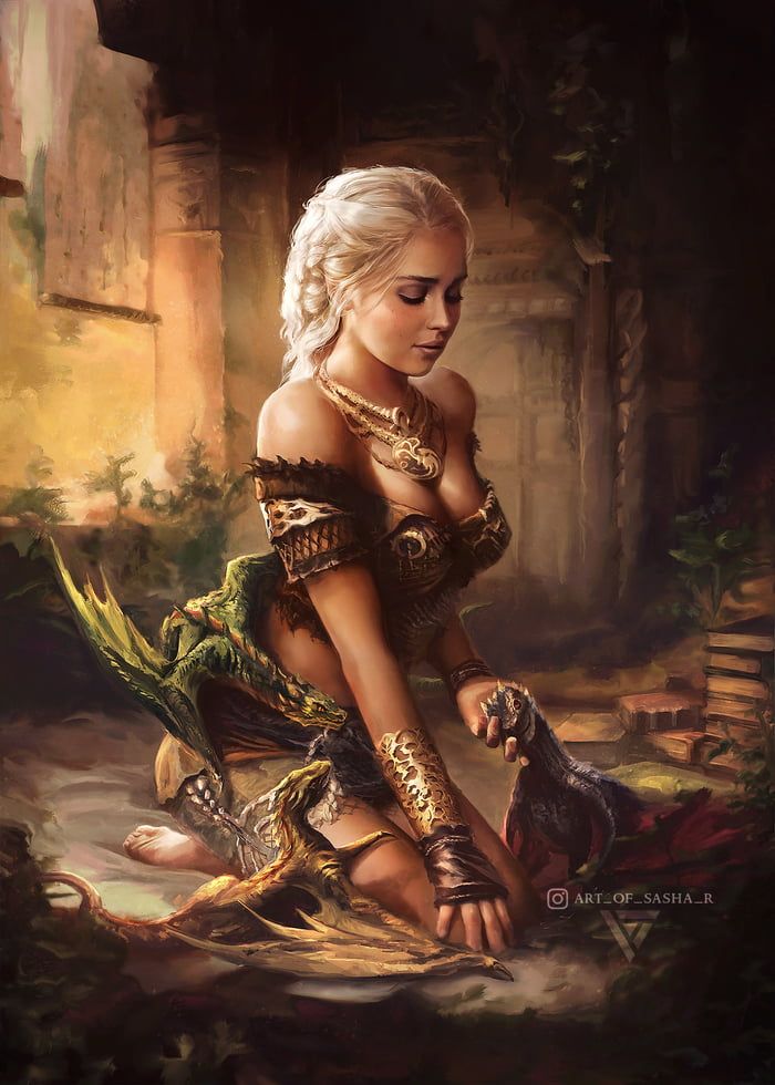 a painting of a woman in armor kneeling down next to a dragon