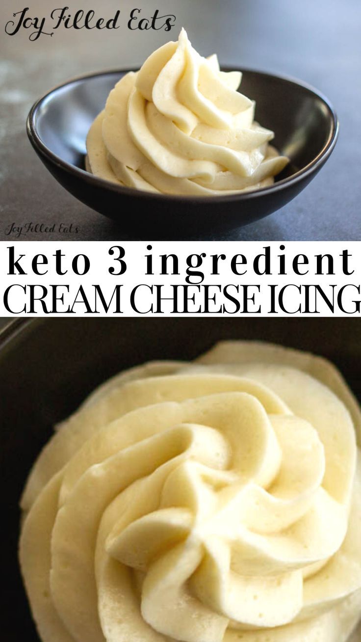 keto 3 ingredient cream cheese icing in a skillet with text overlay