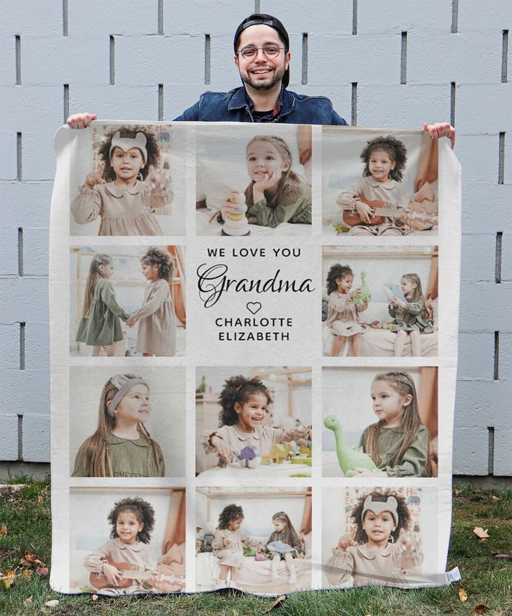 a man holding up a photo collage with the words, we love you grandma and charlotte elizabeth