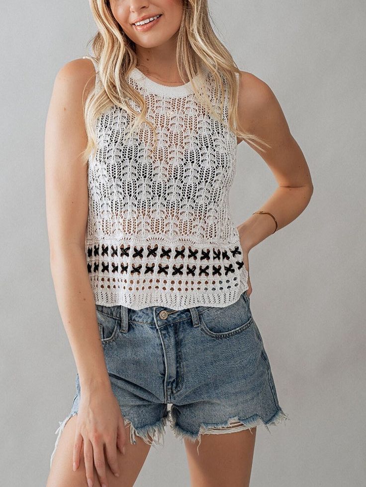 Elevate your festival style with our Crochet Knit Pattern Sleeveless Sweater Top. Featuring a sleeveless round neckline and a beautiful crochet knit pattern design, this top exudes boho charm. The hollow-out detailing and scallop hem add an extra touch of elegance. Available in classic black, crisp white, earthy tan, and creamy tones, it's perfect for concerts, casual outings, resort lounging, vacations, cruises, and beach days. Crafted from 89% viscose and 11% nylon, this top offers both comfor White Pointelle Knit Tank Top For Summer, White Pointelle Knit Sweater Vest For Spring, Knitted Sleeveless Crop Top For Spring, Summer Pointelle Knit Sweater Vest, Summer Knit Vest With Crew Neck, Summer Sleeveless Pointelle Knit Top, Spring Cotton Open Knit Sweater Vest, Casual Sleeveless Crochet Trim Knit Top, Sleeveless Summer Pointelle Knit Tops