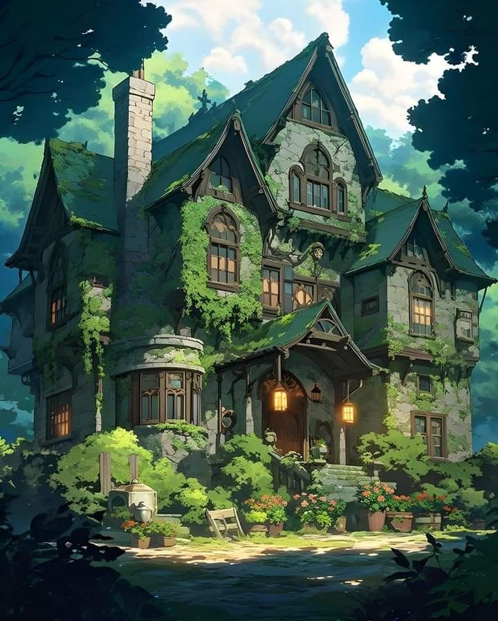 an illustration of a house in the woods