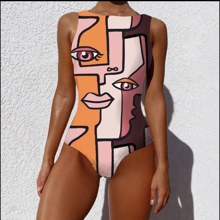 New Trend Art Bikini One Piece Swimsuit S-Xl Sizes Available Stretchy Fabric Polyester Red, Blue, Pink Colors Large Size Swimwear, Retro Bathing Suits, Backless Swimwear, Swimsuit Pattern, Women Bathing, Vintage Swimwear, High Neck Sleeveless, Costume Intero, Print Swimsuit