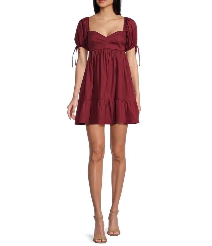 From Xtraordinary&#x2C; this dress features: Sweetheart necklineShort puffy sleevesRuffle hemPullover stylingApprox. 33.5"Hand wash/line dryImported. Red Babydoll Dress Outfit, Red Casual Mini Dress With Sweetheart Neckline, Burgundy Dress Short, Babydoll Red Dress, Red Babydoll Dress Aesthetic, Short Fall Dresses, Short Burgundy Dress, Casual V-neck Smocked Bodice Mini Dress, Anniversary Dress