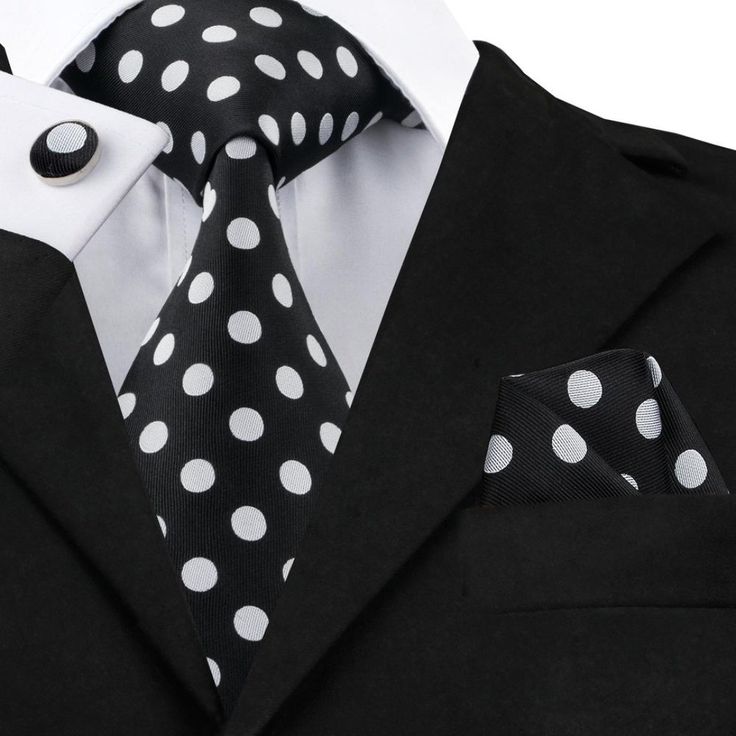 Black White Polka Dot Men's Tie Pocket Square Cufflinks Set. 🌸  New products for your wardrobe. 📌🛍🛍🛍 💰20% off entire order no minimum purchase.💰 📍Sale code“Ties2you”📍 Check on website 👉🏻 https://bit.ly/2Uy0o9g Kids Ties, Tie Rack, Necktie Set, Polka Dot Tie, Mens Attire, Cufflink Set, Man Style, Men Clothes, Tie Set