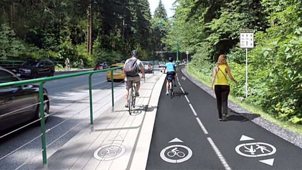 an artist's rendering of people riding bicycles on a bike path in the woods