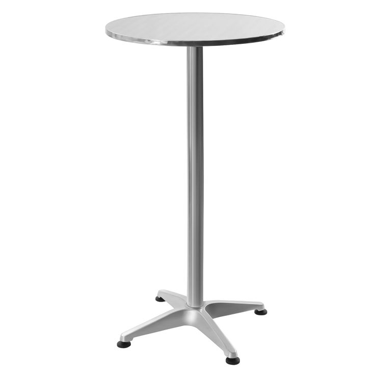 a round table with an aluminum base and white plastic top, on a white background