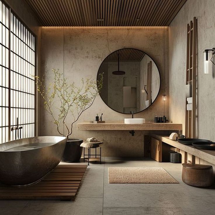 a bath room with a tub a sink and a large mirror on the wall next to a wooden bench