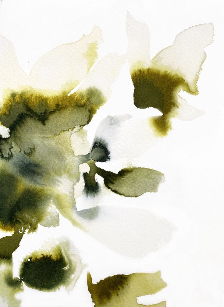 an abstract painting of white and green flowers on a white background with watercolors