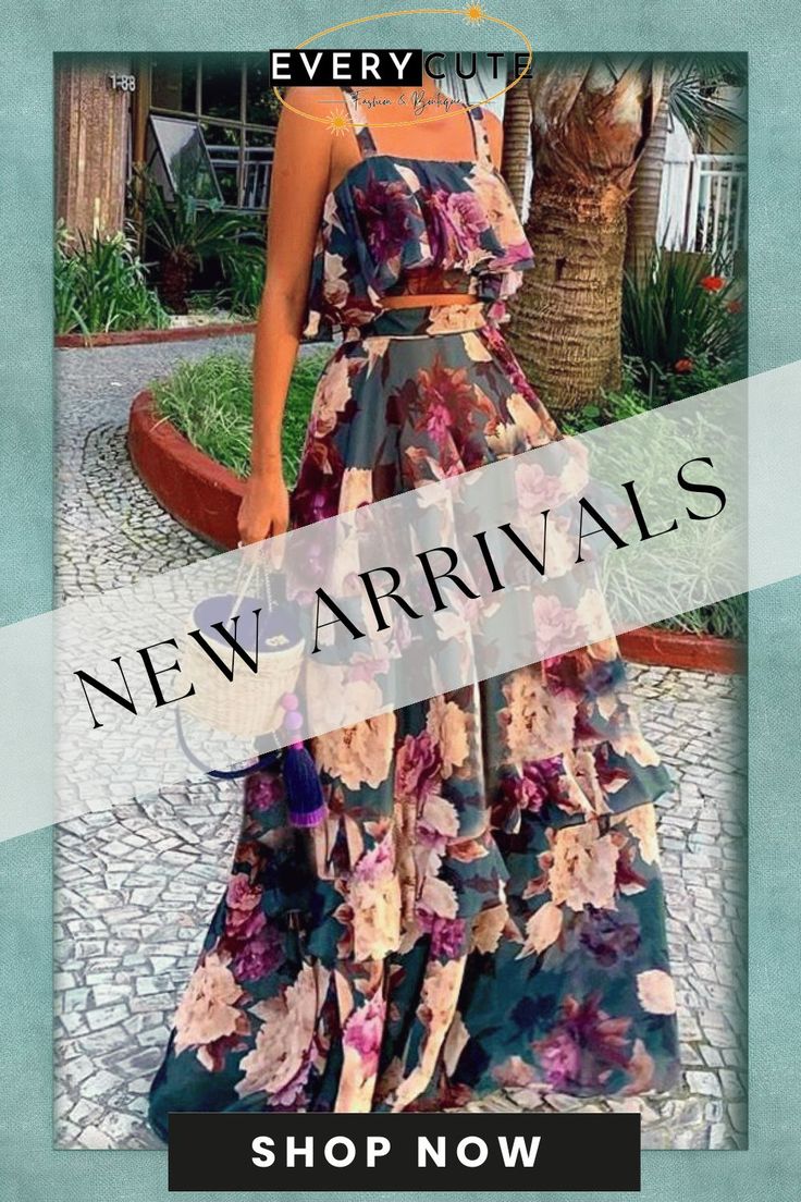 Elegant Floral Print Princess Cake Dress Suit Summer Party Chiffon Sets, Two-piece Summer Dress For Spring, Chic Two-piece Maxi Dress For Summer, Chic Two-piece Dress Set For Day Out, Summer Floral Print Party Sets, Elegant Two-piece Summer Dresses, Summer Party Floral Print Set, Summer Two-piece Dress For Brunch, Sleeveless Two-piece Dress For Spring Party