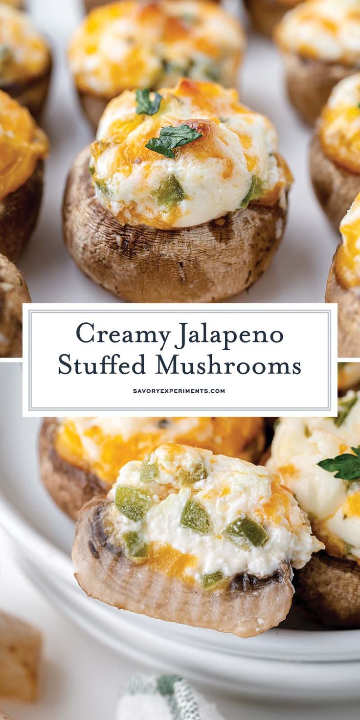 creamy jalapeno stuffed mushrooms on a white platter with text overlay