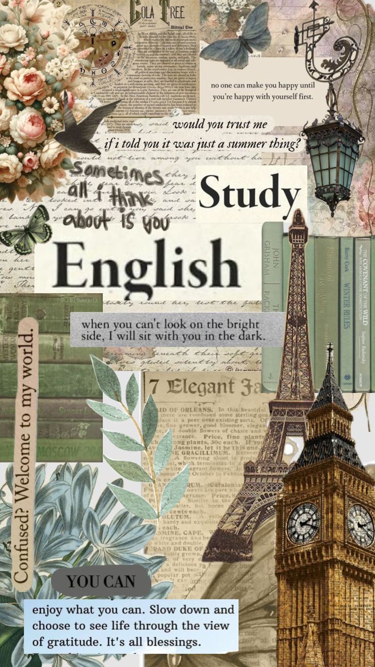 a collage of different types of papers with words and pictures on them, including the eiffel tower