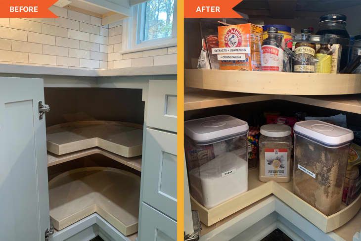 before and after pictures of an organized kitchen cabinet with pantry items in the bottom left corner