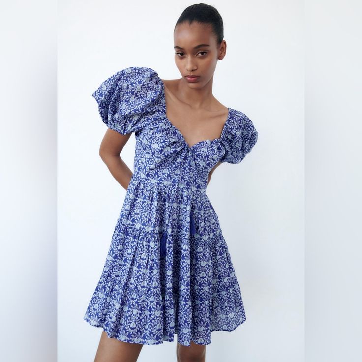 Zara Blue Floral Bohemian Mini Dress Size Xs Color: Blue Floral Condition: New With Tag. Never Worn! Blue Printed Dress, Zara Embroidered Dress, White Puff Sleeve Dress, Zara Short Dress, Bohemian Mini Dress, Printed Short Dresses, Dress Zara, Mini Dresses For Women, Black White Dress