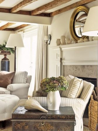 a living room filled with furniture and a fire place under a mirror on the wall