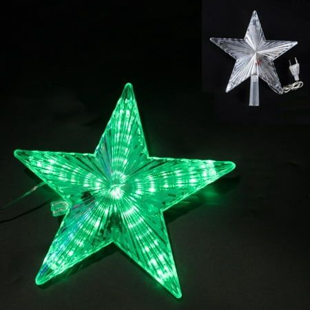 a green light up star on a black background next to an image of a christmas tree ornament