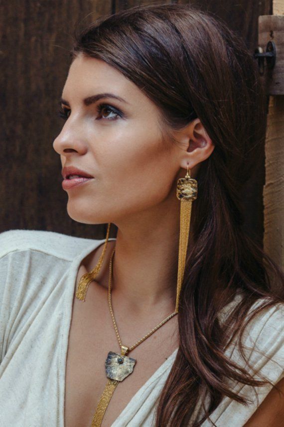 Gold Tassel Necklace, Boho Ethnic Necklace, Chain Tassel Tribal Necklace, Onyx Beads Statement Necklace made with 24K Gold Plating over Brass oooo A statement, Bold, Tribal and Ethnic is what characterizes my jewelry collections. Every woman needs a gorgeous original piece of jewelry to make her personal fashion statement. This stunning necklace is a part of my 'Waterfall Collection' which is inspired by nature, the 4 elements, the feminine world and my passion for antique jewelry. It is made of Gold Tassel Necklaces For Festival, Gold Tassel Necklace For Festivals, Elegant Fringe Necklace For Festival, Artisan Fringe Dangle Jewelry, Artisan Dangle Fringe Jewelry, Tassel Long Necklace Jewelry For Gifts, Long Tassel Necklace Jewelry For Gift, Long Tassel Necklace As Gift, Bohemian Brass Jewelry With Fringe