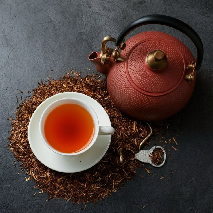 a cup of tea next to a tea kettle