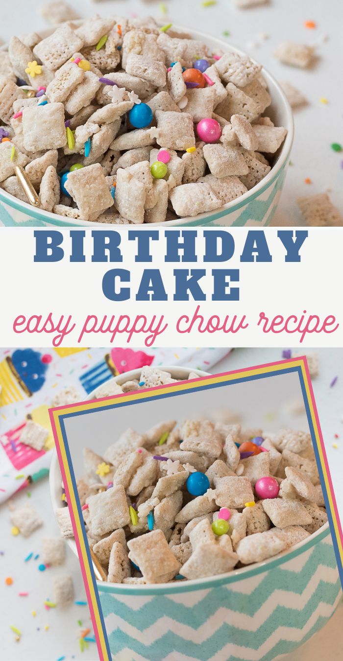 birthday cake puppy chow recipe in a bowl