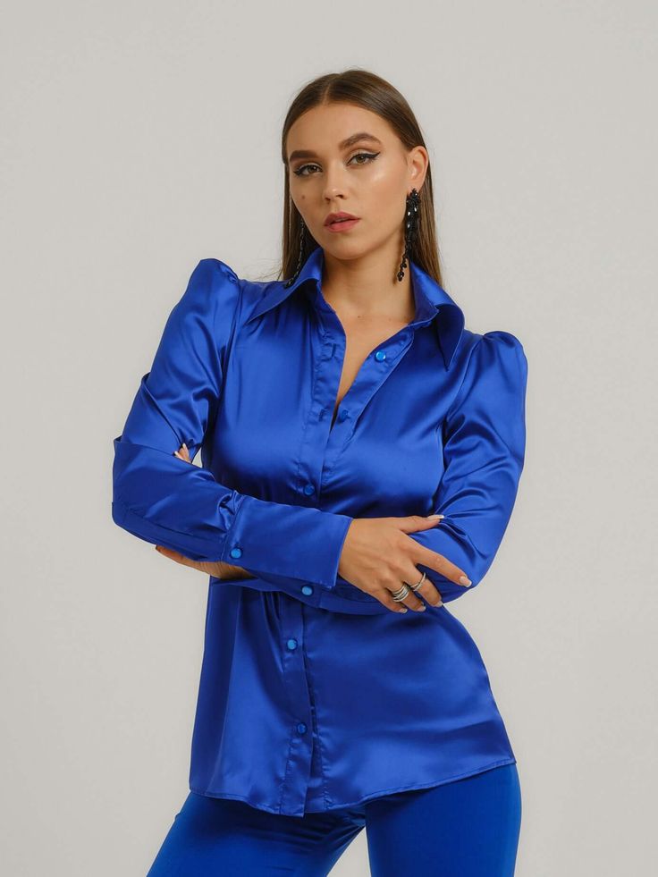 Luxury Long Sleeve Satin Shirt, Luxury Satin Tops, Luxury Satin Formal Shirt, Classic Blue Silk Blouse, Luxury Long Sleeve Blue Shirt, Luxury Blue Long Sleeve Shirt, Blue Long Sleeve Satin Top, Blue Satin Long Sleeve Top, Elegant Blue Slim Fit Top