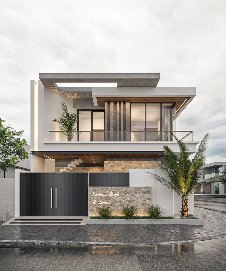 an architectural rendering of a modern house with stone and stucco exterior, palm trees in front