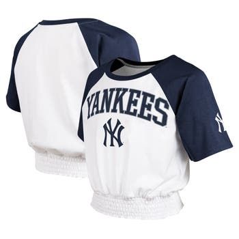 Give your young New York Yankees fan a stylish piece of team gear with this On Base Fashion T-shirt. It features the team logo over a sporty raglan-sleeve design. The shirred hem adds a dashing detail to this chic New York Yankees top. Short sleeve Raglan sleeves Crew neck Officially licensed Shirred elastic bottom hem Imported Machine wash, tumble dry low Material: 100% Cotton Brand: Outerstuff Screen print graphics Yankees Fan, Team Gear, Fashion T Shirt, New York Yankees, Girl Top, Sleeve Designs, Screen Print, Raglan Sleeve, Shirts For Girls