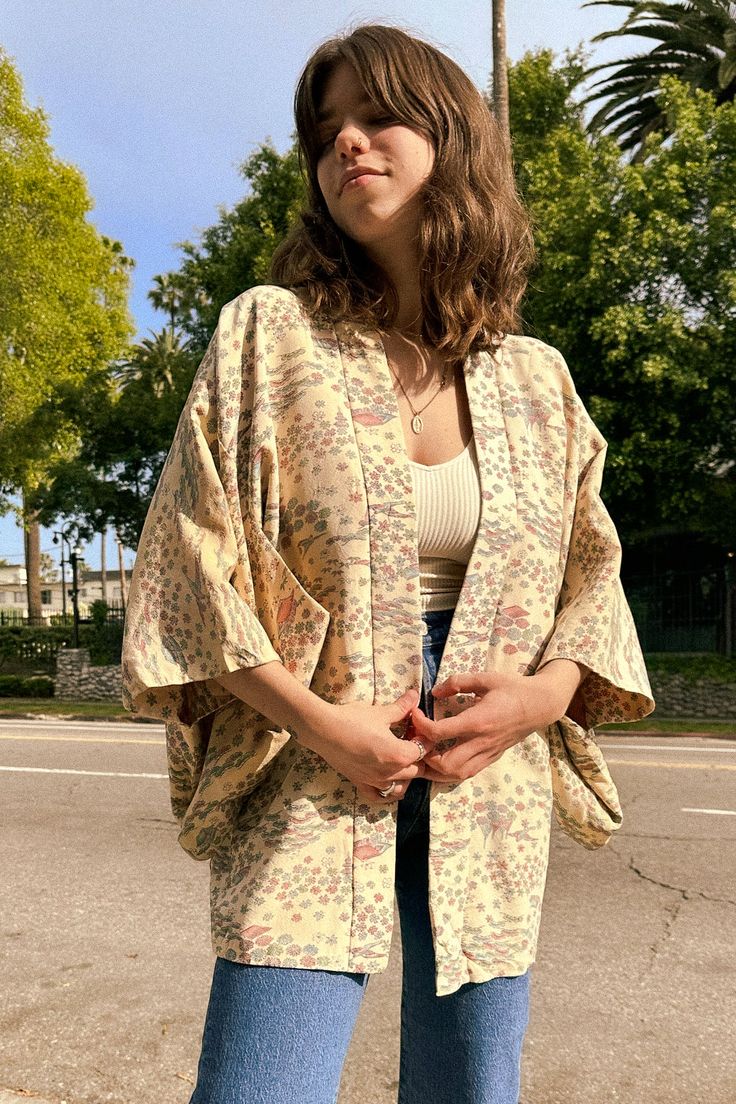 Vintage Kyoto Kimono Outerwear The Canyon Vintage Cream Open Front Kimono For Summer, Cream Long Sleeve Kimono For Summer, Cream Long Sleeve Summer Kimono, Beige Open Front Kimono For Spring, Summer Cream Long Sleeve Kimono, Spring Open Front Beige Kimono, Spring Beige Open Front Kimono, Oversized Open Front Spring Robe, Vintage Long Kimono For Vacation