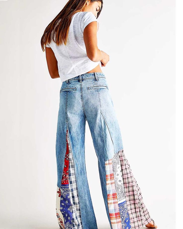 Patchwork Jeans Diy, Refashion Jeans, Jean Diy, Ropa Upcycling, High Waist Wide Leg Jeans, Mid Waist Jeans, Boho Jeans, Denim Outfits, Denim Ideas