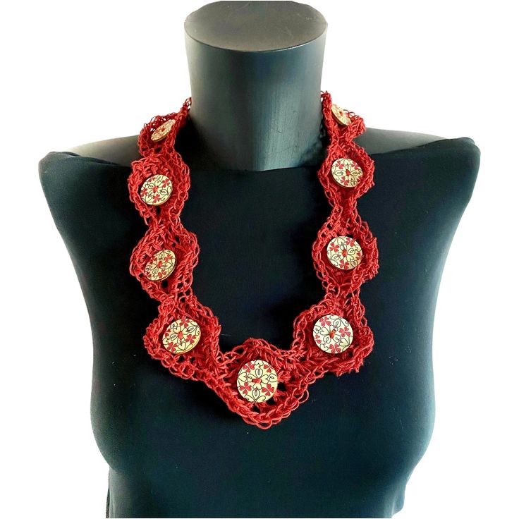 Welcome to the exclusive collection of AngyArt, where each piece of jewelry is a celebration of art and uniqueness.  Introducing the Artisan-Made Red Necklace - a trendy and sophisticated addition to your jewelry collection, perfect for any woman who values both style and craftsmanship. **Craftsmanship: This necklace is a masterpiece meticulously handcrafted using traditional freedom crochet and knitting techniques. The pure linen yarn in brick red forms a delicate lace effect foundation, provid Artisan Red Beaded Necklaces For Crafting, Red Artisan Beaded Necklaces For Crafting, Handmade Red Bohemian Necklace, Handmade Red Bohemian Beaded Necklace, Handmade Red Beaded Necklace Gift, Handmade Red Beaded Necklace For Gift, Handmade Red Adjustable Necklace, Red Long Beaded Necklaces For Gifts, Handmade Red Jewelry For Gifts