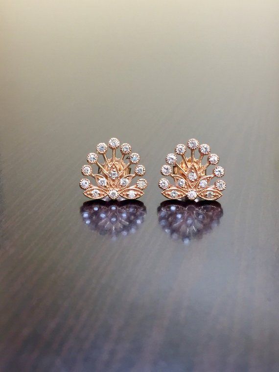 Art Deco 18K Rose Gold Diamond Earrings - 18K Gold Art Deco Diamond Stud Earrings - Rose Gold Diamon Rose Gold Flower Shaped Diamond Earrings For Formal Occasions, Luxury Rose Gold Earrings With Rose Cut Diamonds, Rose Gold Diamond Flower-shaped Earrings, Rose Gold Flower-shaped Diamond Earrings For Wedding, Rose Gold Flower Shaped Diamond Earrings For Wedding, Luxury Rose Gold Cluster Earrings For Formal Events, Luxury Rose Gold Cluster Earrings For Formal Occasions, Dazzling Rose Gold Diamond Earrings As Gift, Rose Gold Diamond Bridal Earrings