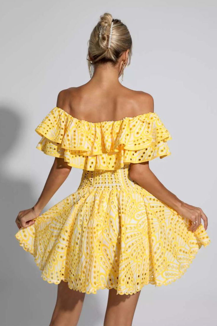 Amora Yellow Cutout Ruffle Mini Dress Party Off Shoulder Dress With Ruffle Hem, Summer One-shoulder Ruffle Dress, Chic One Shoulder Ruffle Dress For Summer, Yellow Off-shoulder Summer Dress, Flirty Off-shoulder Dress With Smocked Back, Chic Ruched Strapless Dress For Vacation, Summer Off Shoulder Ruffle Dress For Party, Summer Party Off Shoulder Dress With Ruffles, Off-shoulder Dress With Smocked Back For Date Night