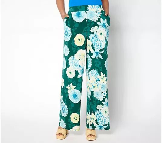 BEAUTIFUL by Lawrence Zarian Regular Printed Knit Wide Leg Pull-On Pant - QVC.com Summer Soiree, Petite Pants, Athletic Apparel, Printed Pants, Pull On Pants, Jacket Dress, Jumpsuit Romper, Floral Pattern, Wide Leg