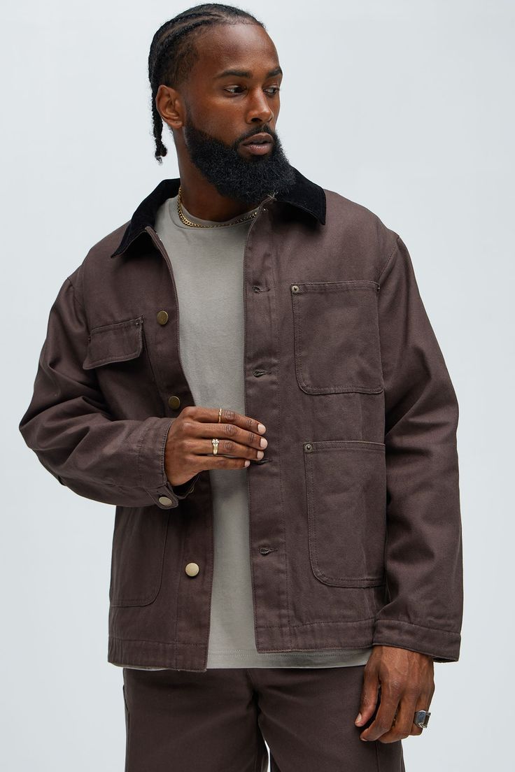 Available In Brown. Fold Down Collar Chest Pocket Detail Front Button Closure Self: 100% Cotton Lining: 60% Cotton 40% Polyester Pair With Alexander Utility Zip Work Jacket Pair With Alexander Utility Hooded Jacket Pair With Alexander Double Knee Utility Pants Pair With Alexander Utility Overalls Pair With Alexander Utility Shorts Pair With Bam E-Waist Straight Pants Imported | Mens Alexander Utility Canvas Chore Jacket in Brown size Large by Fashion Nova Utility Overalls, Utility Shorts, Mens Jackets Casual, Work Jacket, Utility Pants, Chore Jacket, Work Jackets, Brown Fashion, Straight Pants