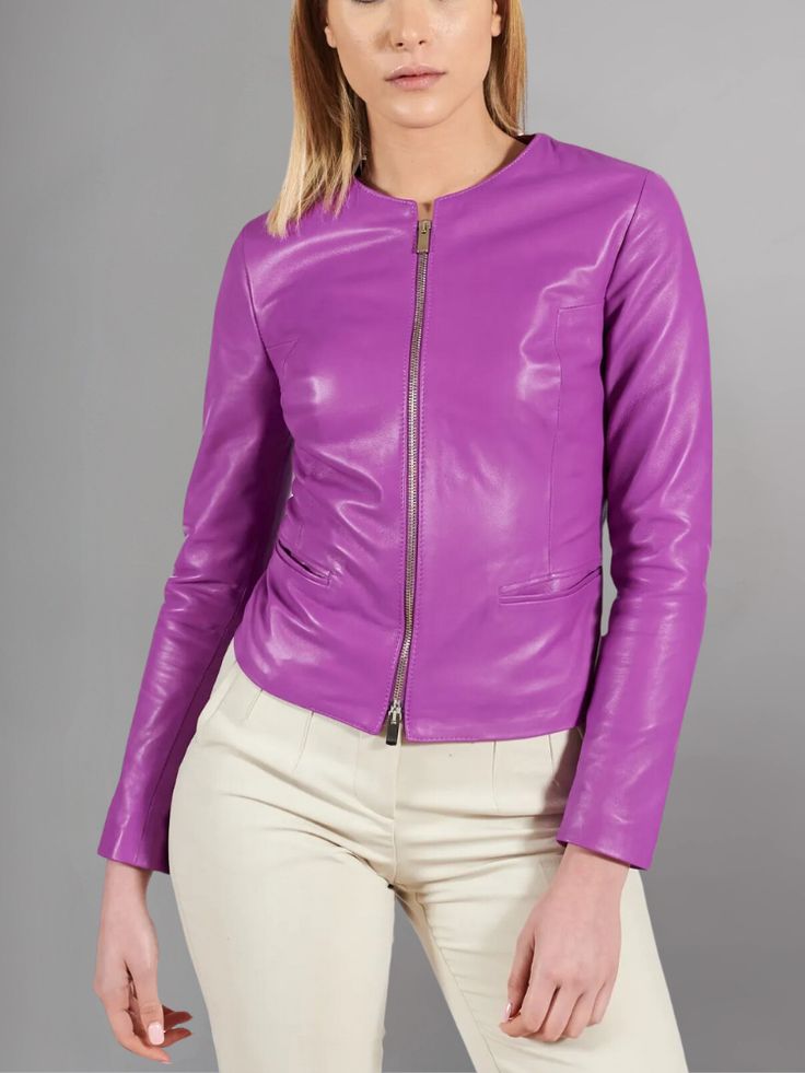 Introducing the Pink Powder Natural Leather Jacket—a chic and feminine outerwear piece that exudes sophistication and style. Crafted from high-quality natural leather, this jacket offers a luxurious feel and a smooth, polished appearance that instantly elevates any ensemble. Designed with a round collar, this jacket adds a touch of elegance to your look while providing a flattering frame for your face. The pink powder hue adds a soft and feminine touch, making it a versatile option for both casu Elegant Leather Biker Jacket For Spring, Chic Formal Leather Jacket With Zipper, Chic Formal Leather Jacket With Zipper Closure, Luxury Long Sleeve Leather Jacket For Spring, Luxury Leather Jacket With Zipper For Spring, Elegant Leather Jacket With Zipper Closure, Elegant Formal Biker Jacket, Elegant Long Sleeve Leather Jacket With Zipper, Elegant Fitted Biker Jacket