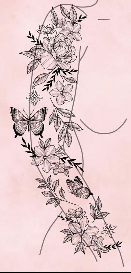 a tattoo design with flowers and butterflies on it