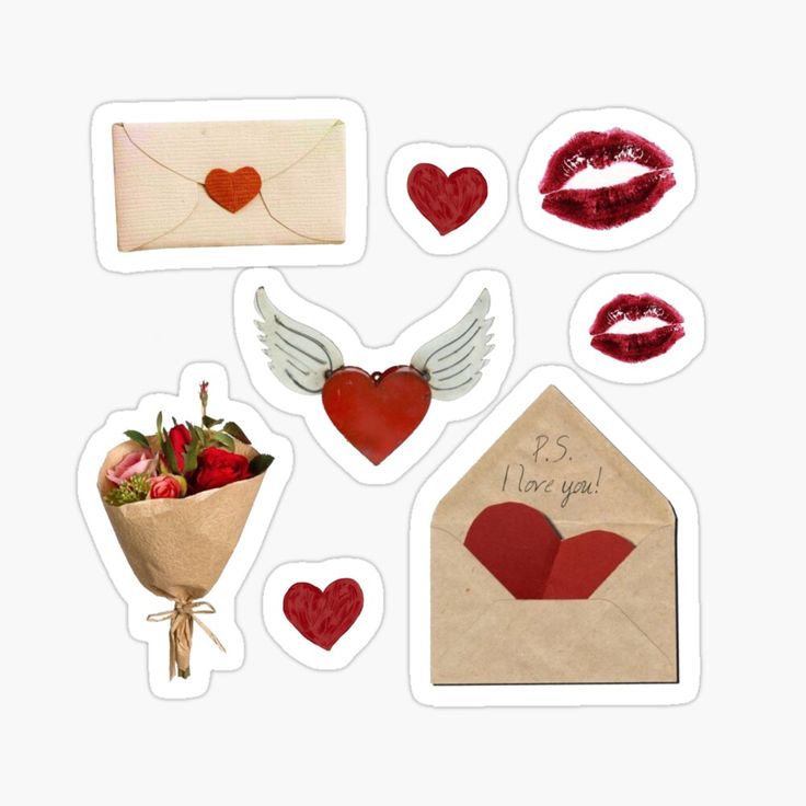 valentine's day stickers with envelope, heart, lips, flowers and mail