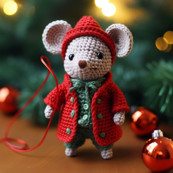 a small crocheted mouse wearing a red coat and green scarf next to christmas ornaments