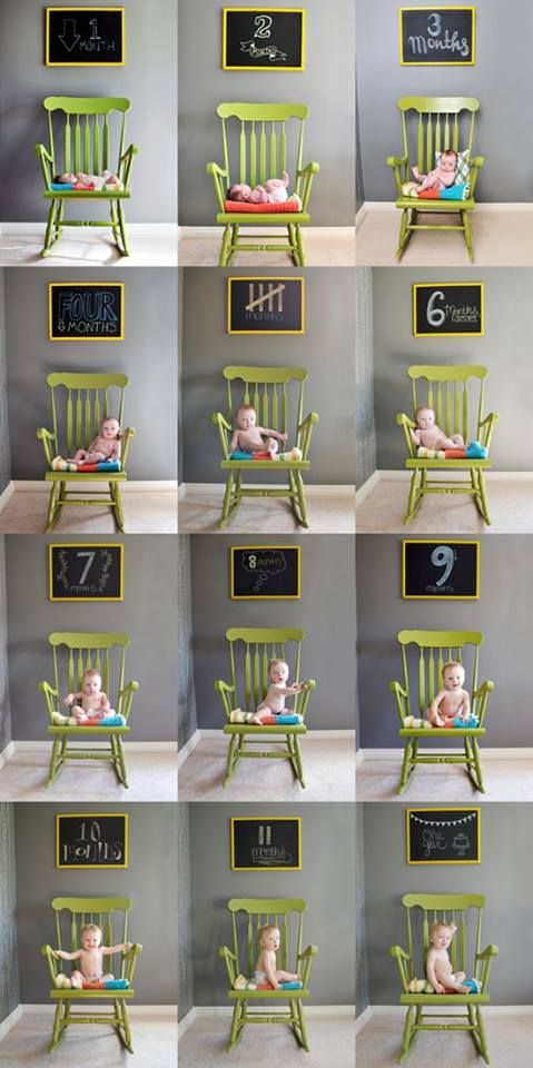 there are many pictures of babys sitting in chairs with chalkboards on the wall