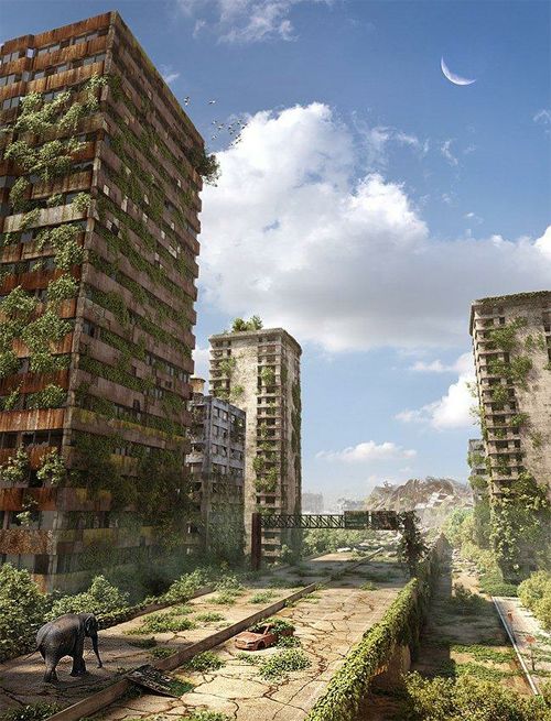 an artist's rendering of a city with tall buildings and plants growing on them