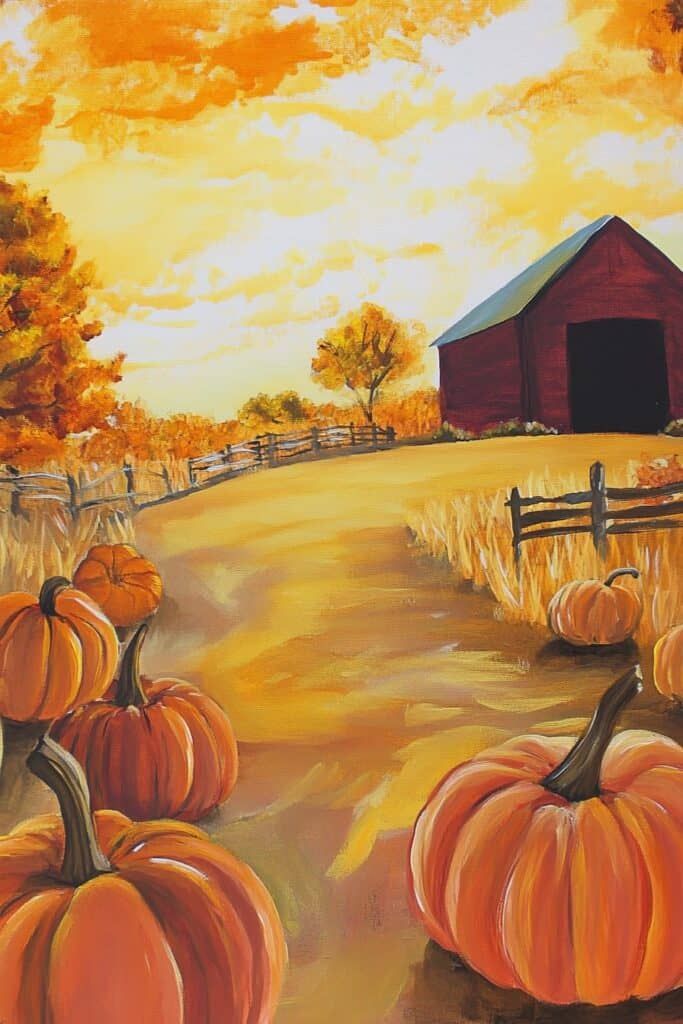 a painting of pumpkins in front of a red barn on a fall day with an orange sky