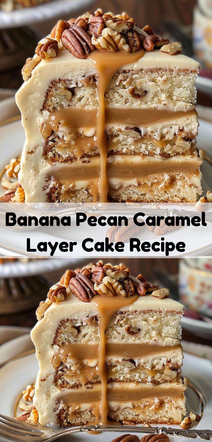 two slices of banana pecan caramel layer cake