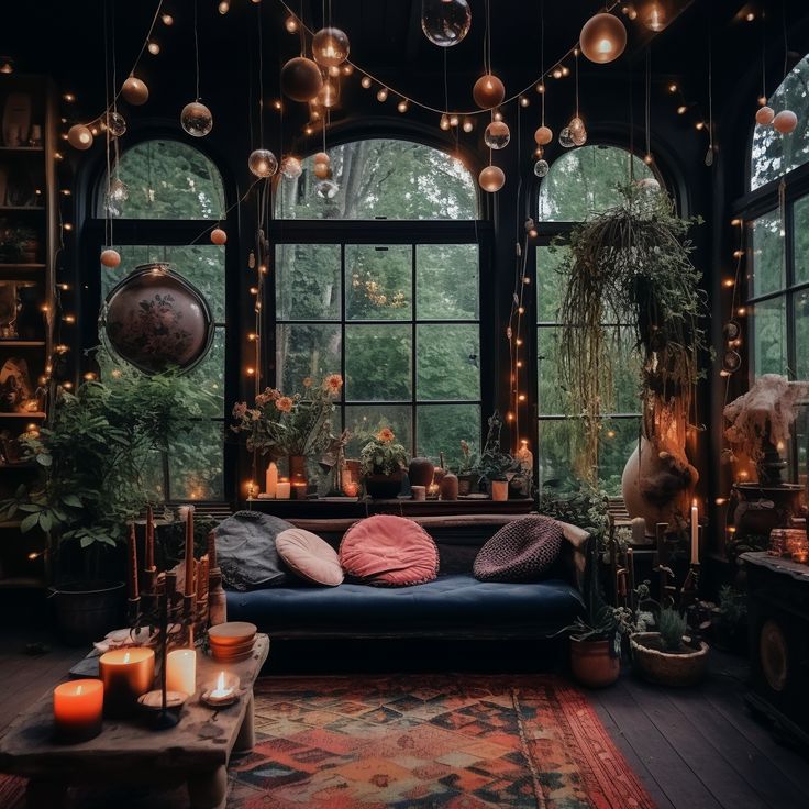 a living room filled with furniture and lots of lights