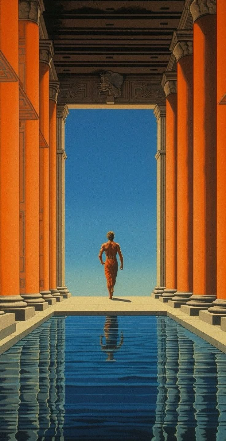 a painting of a man walking into a pool with orange columns and blue sky in the background