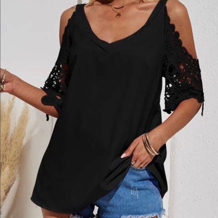 Nwt Black Lace, Cold Shoulder, V-Neck, Beautiful Details, Made In France Black V-neck Top For Day Out, Black V-neck Blouse For Day Out, Black V-neck Top For Vacation, Black V-neck Blouse For Vacation, Black V-neck Blouse For Beach, Black V-neck Summer Blouse, Black V-neck Top For Beach, Black V-neck Lace Top For Spring, Black V-neck Beach Blouse