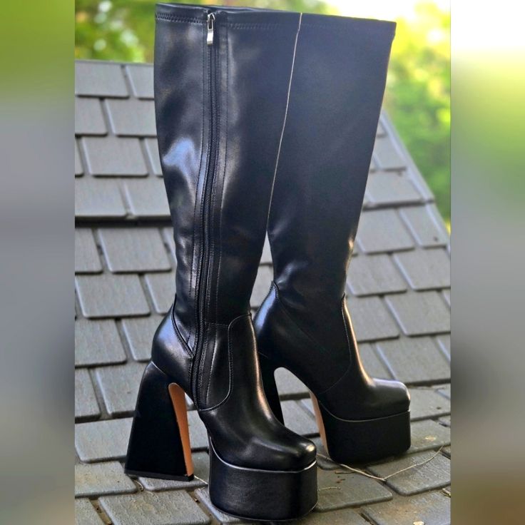 Unique Design]: These Knee High Boots Featured By Chunky Stacked High Heels, Square Toe, Concise Solid Design, Convenient Side Zipper, Faux Leather. Definitely The First Choice For Your Wardrobe. [High Quality]: These Fashion Platform Boots Are Made Of Microfiber Leather Or Patent Leather Which Are Durable, Soft And Environment-Friendly. Wear-Resistant And Anti-Slip Rubber Out-Sole Allows You To Walk Comfortably And Smoothly. Black High Shaft Platform Boots, Trendy Black High Shaft Boots, Trendy Black Full Length Boots, Trendy Full Length Black Boots, Black Full Length Trendy Boots, Black High Shaft Heeled Boots For Winter, Black High Shaft Boots For Fall, High Shaft Black Boots For Fall, Black High Shaft Heeled Boots For Party