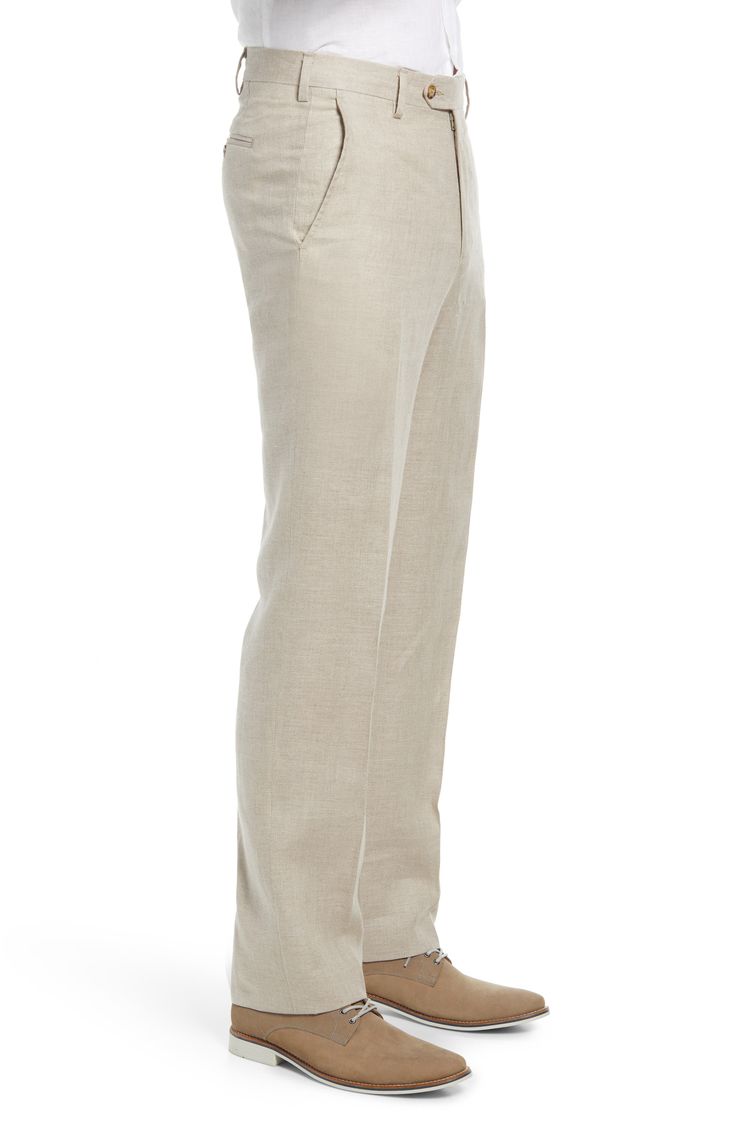 Lightweight, breathable linen ensures soft comfort in fully tailored dress pants in a flat-front cut. Style Name:Berle Men's Flat Front Linen Dress Pants. Style Number: 6574602. Formal Solid Linen Pants, Solid Linen Pants With Welt Pockets, Business Casual Linen Straight Pants, Formal Full-length Chinos For Spring, Straight Linen Pants For Business Casual, Linen Dress Pants With Straight Hem For Work, Classic Full Length Dress Pants For Summer, Formal Straight Solid Color Pants, Formal Solid Color Straight Bottoms