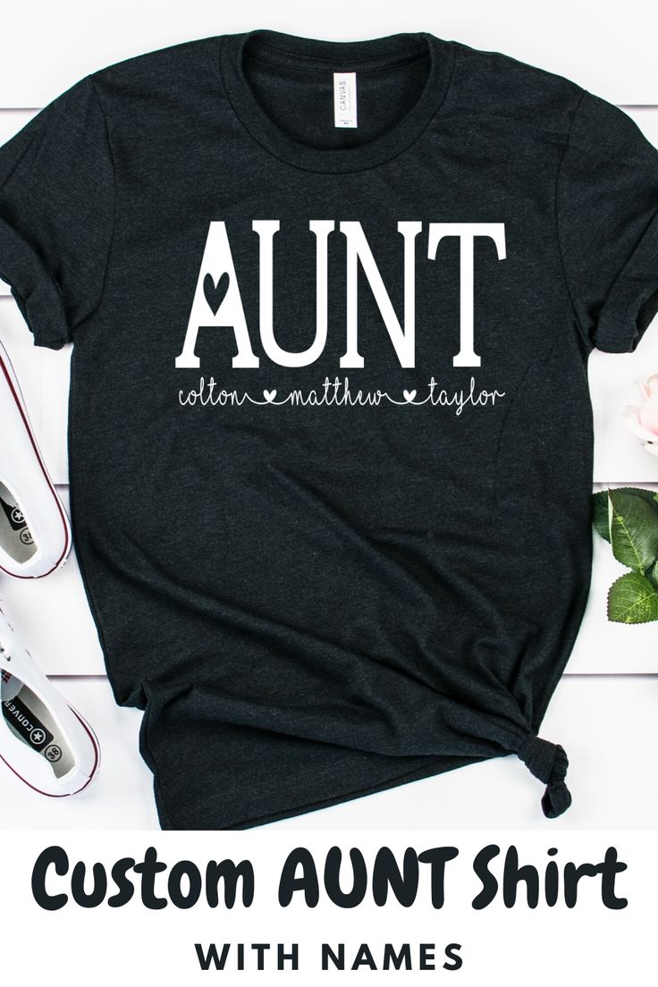 Super cute, unisex shirt with the word, Aunt and kids names below with adorable hearts. Great t-shirt for an Aunt birthday gift, Aunt reveal gift, or a New Aunt gift. #shirtforaunt #auntshirt #aunttshirt #auntrevealgift #newauntgift #newauntshirt #auntbirthdayideas #auntbirthdaygift #newauntgift #newauntreveal #shirtforaunt #giftideasforaunt #auntshirtwithnames #personalizedauntshirt #customauntshirt Family Matching Short Sleeve T-shirt For Personalized Gift, Cute Family Shirt With Name Print, Custom Name Short Sleeve T-shirt For Birthday, Cute Family Shirt With Letter Print, Casual Cotton Shirt For Family Events, Casual Personalized Short Sleeve Shirt, Cotton T-shirt With Name Print For Family Events, Custom Name Cotton T-shirt As Gift, Family Matching T-shirt With Custom Name As Gift